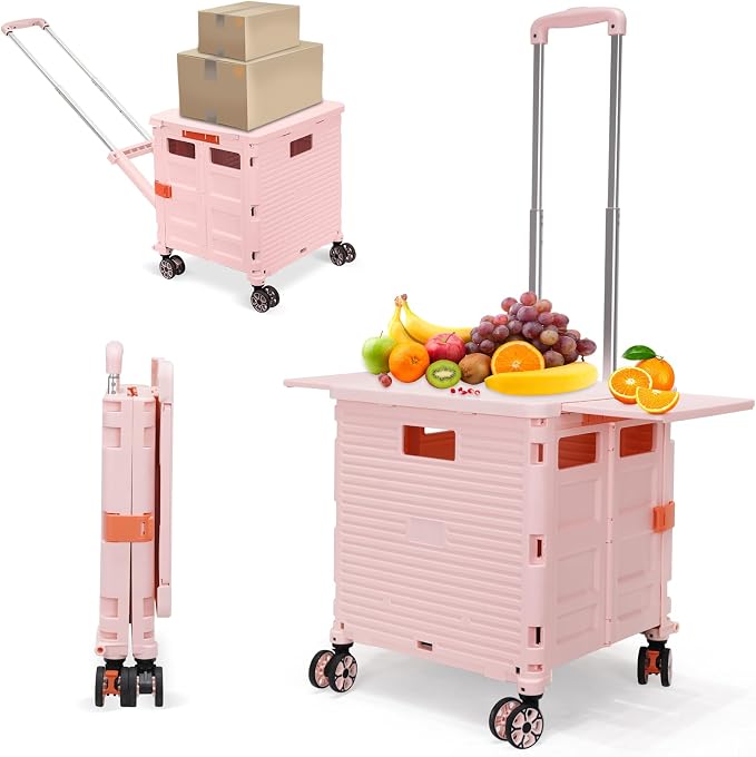 Foldable Utility Cart Rolling Crate Handcart Shopping Cart with Rotate Wheels Extended Magnetic Lid Telescoping Handle Adjustable Angle for Transports Groceries Office Teacher File(Pink)