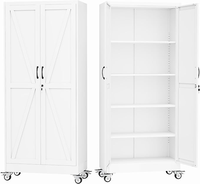 GAIOUS 71" Tall Metal Storage Cabinet with Lock and Wheels, Office Cabinet | Garage Storage Cabinet with 2 Locked Door and 4 Adjustable Shelves, Rolling Tool Cabinet, File Cabinet for Home Office, White