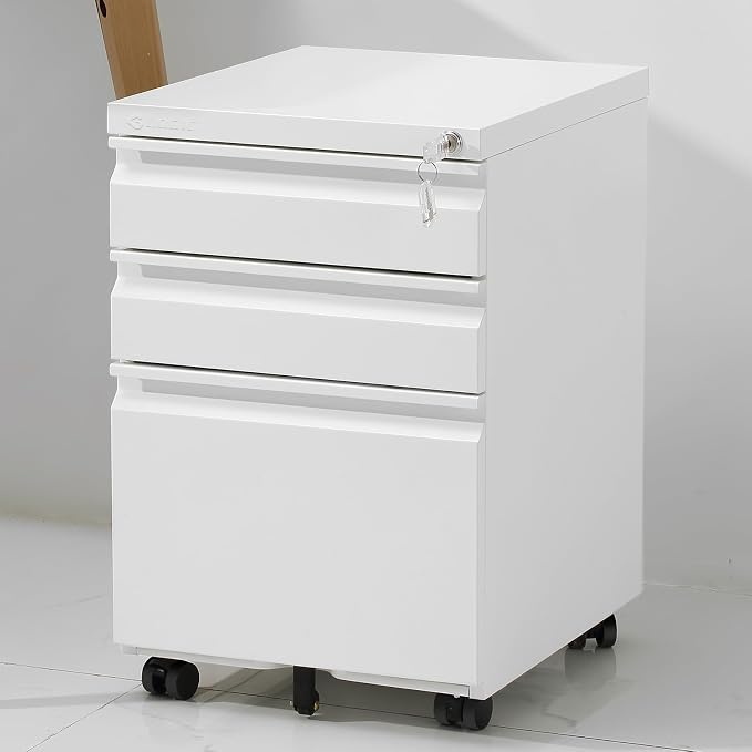 3-Drawer Mobile File Cabinets Rolling Metal Filing Cabinet for Legal & Letter File Anti-tilt Design with Lock Under Desk Office Drawers Fully Assembled Except Casters Elegant White