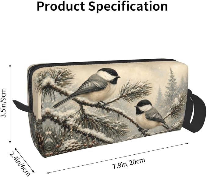 Chickadee Pair on Snowy Pine Makeup Bag for Women, Cosmetic Pouch | Double-Sided Winter Chickadee Cosmetic Organizer with Foam Padding for Women, Travel, Gym, School, and Daily Storage