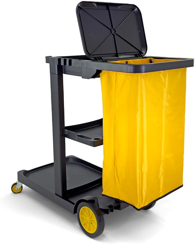 Compact Size Janitorial Cart | 3 Shelves | 25 Gallon Vinyl Bag with Cover | 450 LBS Capacity | Black