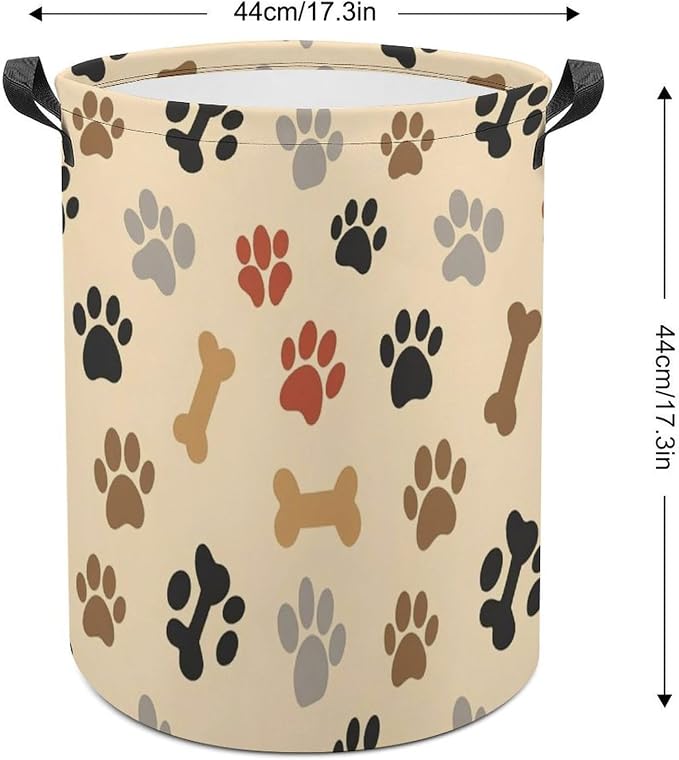 Large Capacity Foldable Hamper Dog Bone Paw Prints Cream, Waterproof Laundry Basket with Handles for Bedroom, Bathroom, and Clothes Storage