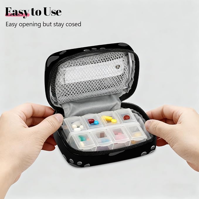 Weekly Pill Organizer Travel Size Bag with Removable 7 Day Pill Box Portable Vitamin Case Purse with Zipper,Gray Paw Prints On Black