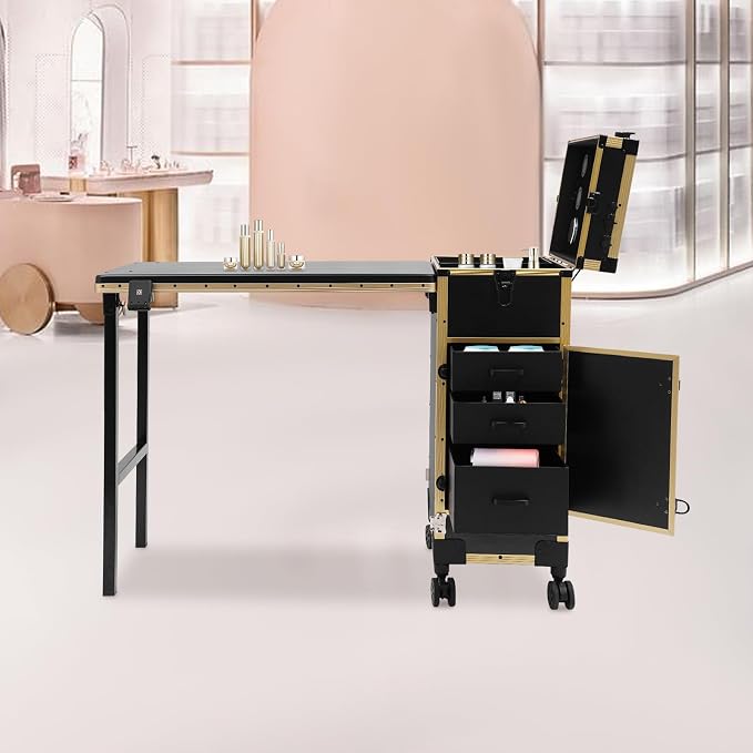 Rolling Manicure Desk Makeup Train Case, Foldable Nail Tables, Travel Cosmetic Trolley with Remote Control and Adapter for Hair Stylists, Pet Groomers, Makeup Artists (Black, Gold)