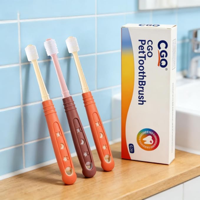 CGO Silicone 360° Toothbrush for Small Dogs & Cats - 3 Pack Round Head Pet Toothbrush, Gentle Chewable Brush with Soft Bristles, Dental Care Kit for Puppy Kitten Oral Hygiene (2 Orange, 1 Brown)
