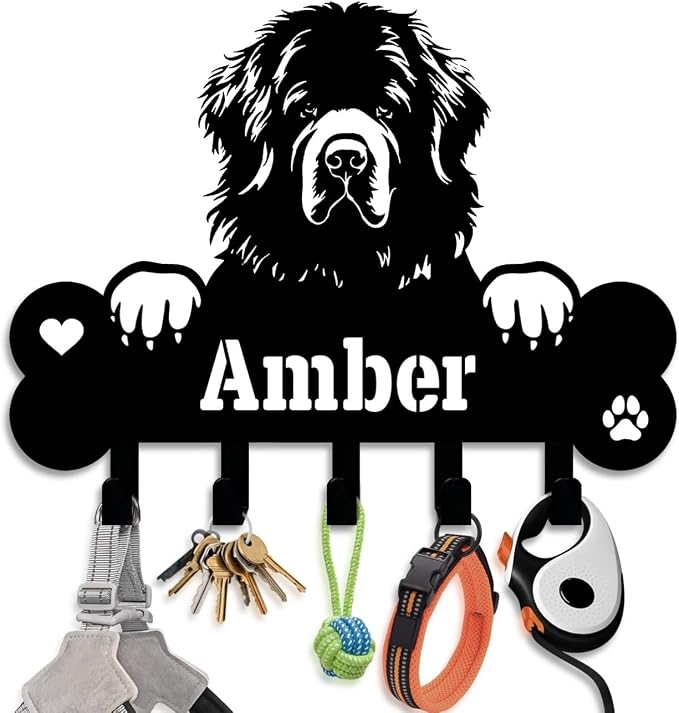 NIWAHO Dog Leash Holder Wall Mount Personalized Name - Custom Newfoundland Metal Sign with Bone Key Hooks, Pet Leash and Key Organizer for Entryway