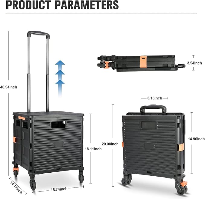 Utility Cart Folding Portable Rolling Crate Handcart with Lid Durable Heavy Duty Plastic Telescoping Handle Collapsible 360 Degree Rotate Wheels for Travel Shopping Moving Luggage Office Use,Black