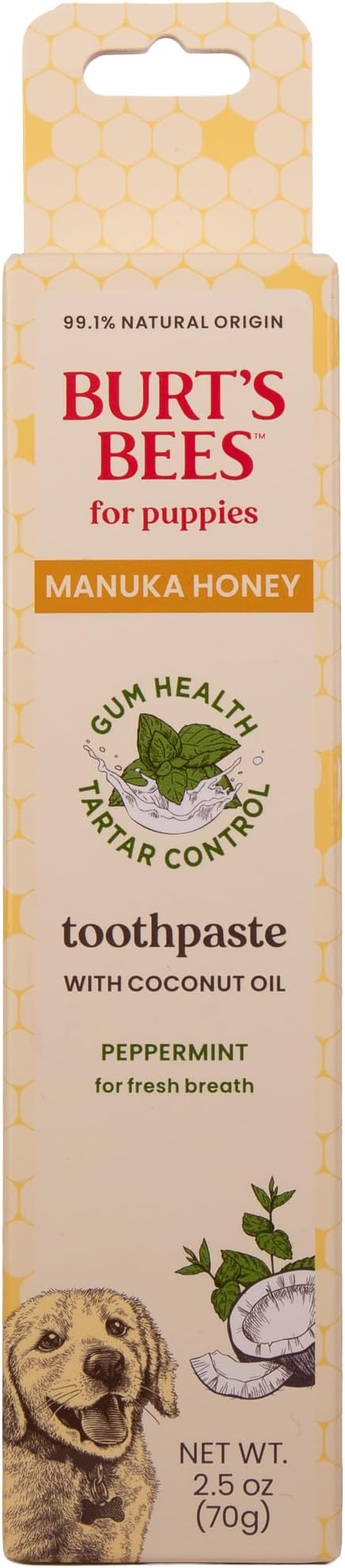 Burt's Bees for Pets Toothpaste for Puppies with Manuka Honey and Coconut Oil for Gum Health & Tartar Control, 99.1% Natural Origin Formula, Peppermint Flavor, 2.5 oz