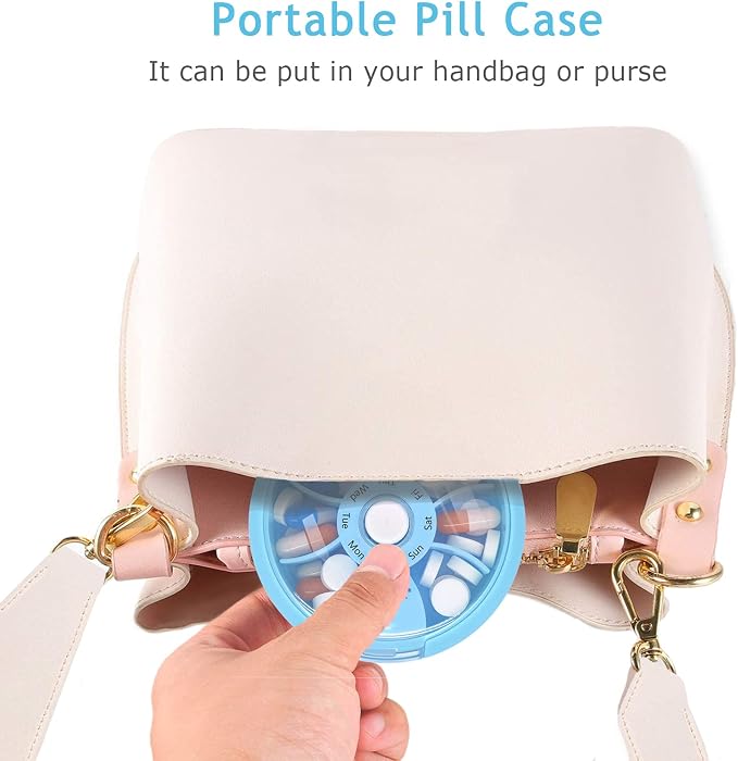 2PCS INVODA Weekly Pill Organizer 7 Compartment Rotating Pill Box for Daily | Cute Round Pill Organizer Fit purse pocket or backpack Portable Travel Pill Case for Fish Oil Supplements Vitamins Medication