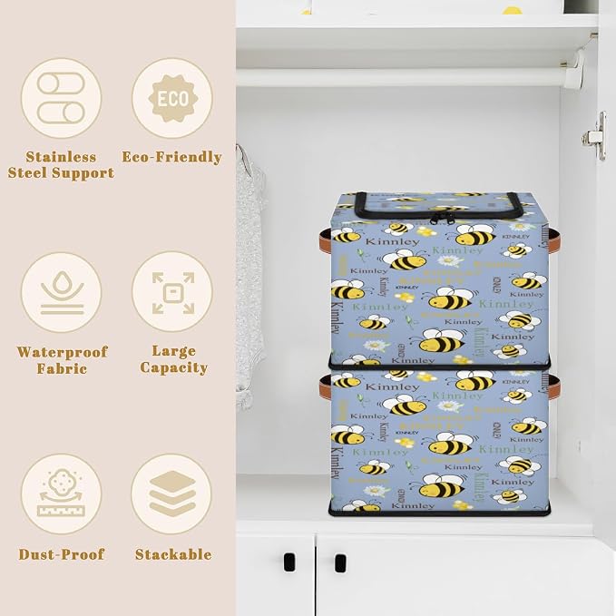 Personalized Storage Bins with Zipper Lid, Customized Name Storage Basket Rectangle Clothes Organizer for Kids and Pets Toys Shelf Closet, Cartoon Bee with Daisy Floral Grey Blue Background