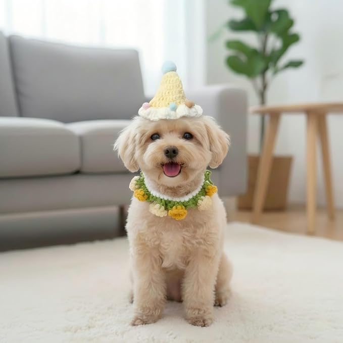 Handmade Knit Cat Outfit – Adjustable Birthday Hat & Floral Wreath Dog Costume for Dogs and Cats, Cute Photo Cat Costume for Party, Holiday, Daily Wear