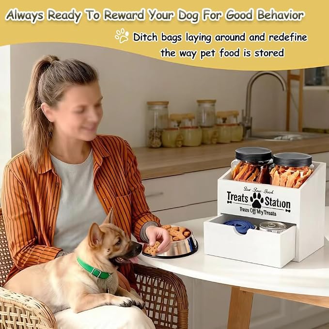 Pet Food Storage Container with Drawer, Wooden Dog Treat Container | White Pet Food Storage with 2 Plastic Dog Treat Jars for Dog and Cat, Dual Desk & Wall Mount Design