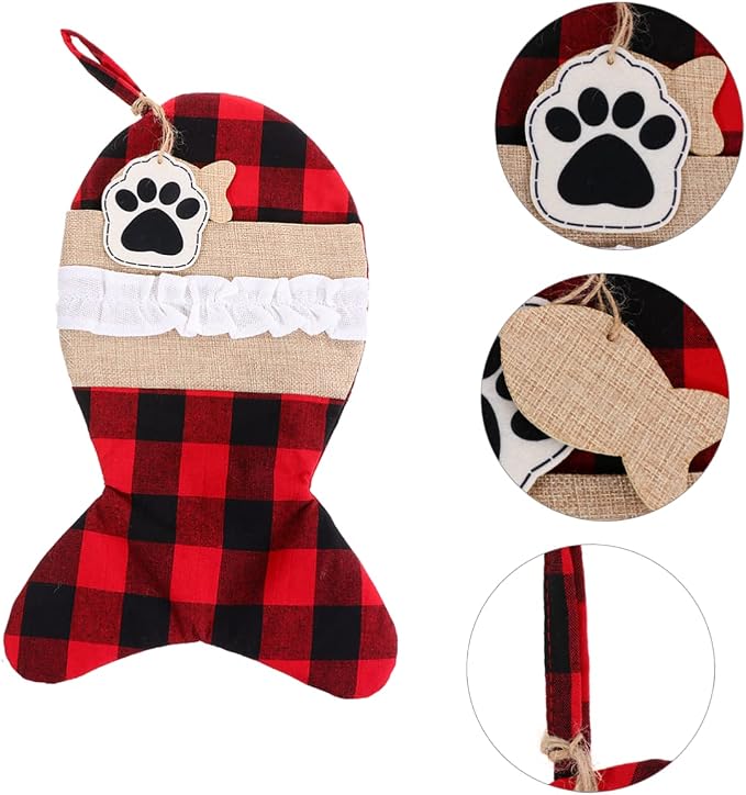 TOVINANNA 1pc Christmas Stockings Pouch Bag for Pets and Plaid Design Holiday Storage for Presents for Christmas Decorations and Tree Fillers