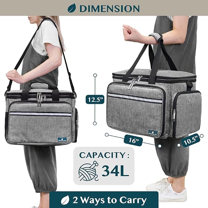 PAVILIA Knitting Bag Yarn Storage Tote, Large Crochet Organizer Bag, Yarn Storage Holder for Crocheting Knitter, Knitting Project Bag, Crochet Accessories Set, Gifts For Crochet Lovers, Heather Grey