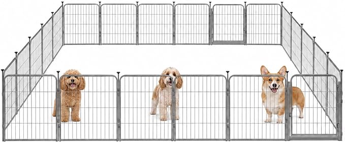 Indoor Dog Playpen - 24 inch, 24 Panels for Small and Puppy Size Dogs - Play Pen w/Extra Wide Gate - Heavy Duty Metal Portable Pet Fence with Grey Anti-Rust Coating