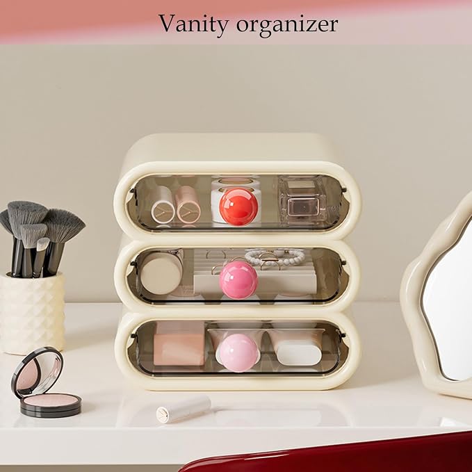 3-Tier Makeup Organizer with Clear Drawers for Vanity Desk | ABS+PET dustproof storage for Skincare/Stationery/Hair Accessories. Ideal for Women/Students/Girls in Bathroom/Desk/Dorm