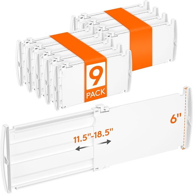 Lifewit 6" Tall Drawer Dividers, Adjustable Deep Drawer Organizer Clothes | 9 Pack 11.5"-18.5" Expandable White Plastic Separators for Dresser, Kitchen, Cabinet, Closet, Office Organization & Storage