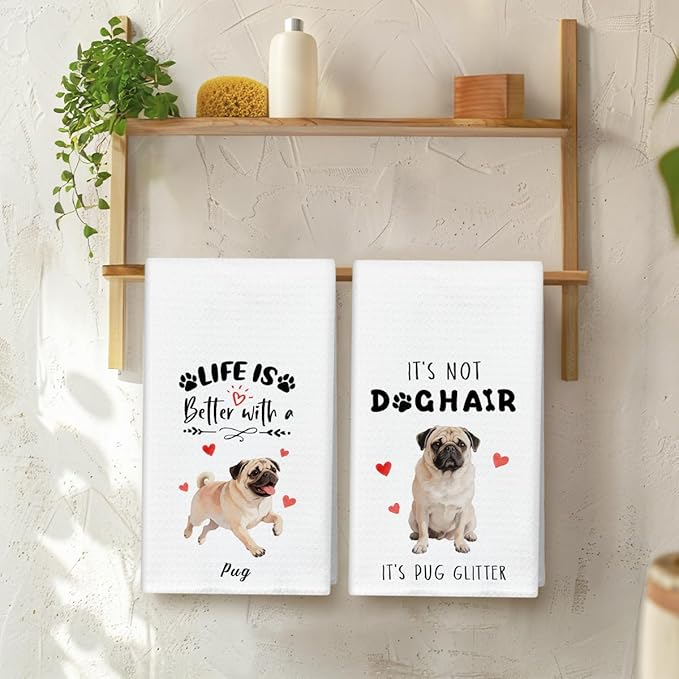 WwongxianB Pug Kitchen Towels Decorative Set of 2, Funny Tea Towel Hand Towels Highly Absorbent Soft Dish Cloths 16x24 Inches, Bathroom Dining Room Decor, Pug Gifts for Dog Lovers -12