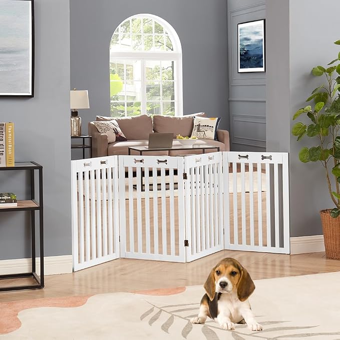 unipaws 29.5'H Free Standing Tall Wooden White Dog Cat Gate | Foldable Pet Fence for Doorway, Stairs, Step, Expandable Doggy Barrier, Indoor Use, White
