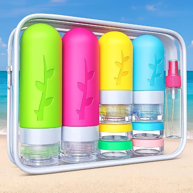 Tocelffe TSA Approved Travel Bottles Set – 18 Piece Leak-Proof Silicone Toiletry Kit with Clear Bag, Refillable Bottles, Jars, Spray Bottle & Accessories for Shampoo, Lotion and Body Wash