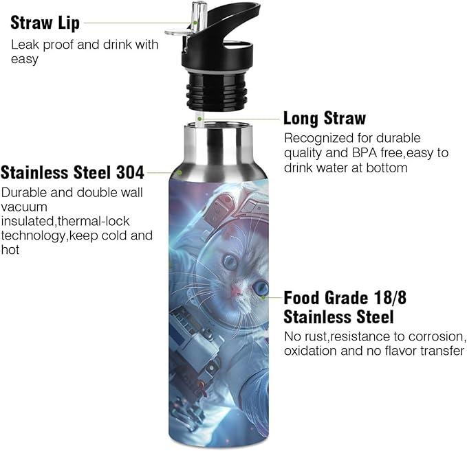 Astronaut Cat in Space Water Bottle with Straw Lid Kids Insulated Stainless Steel Water Flask Sports, 20 Oz Hot Cold