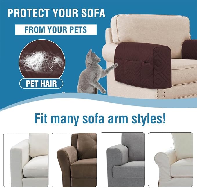 H.VERSAILTEX Water Resistant Armrest Covers for Sofa, 2 Pack, Brown/Beige | Waterproof Armchair Caddy, Couch Arm Covers Remote Control Holder Sofa Armrest Organizer for Magazine, Tablet, Phone, iPad