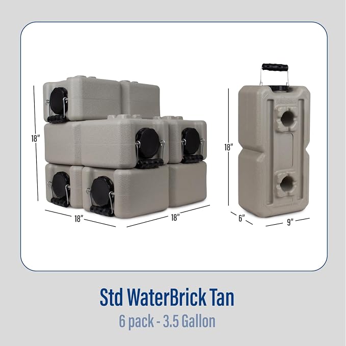 WaterBrick International Water Storage Containers for Emergency Water Storage | 6-Pack of Stackable 3.5 Gallon Water Container Bricks | Food-Grade HDPE Plastic | BPA-Free | STD Tan