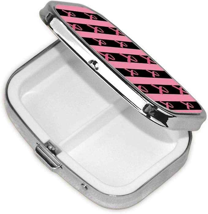 Travel Pill Organizer Portable Pill Case 2 Compartments Breast Cancer Awareness Stripes Ribbon Black Small Pill Box Mini Daily Medicine Organizer Box
