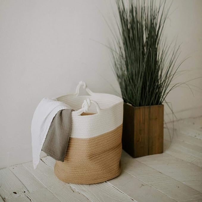 Parker Baby Co. Rope Storage Basket, Large Nursery Storage Bin - White/Tan | Soft woven basket that adds stylish, sturdy storage for blankets, books, clothes, and playroom clutter