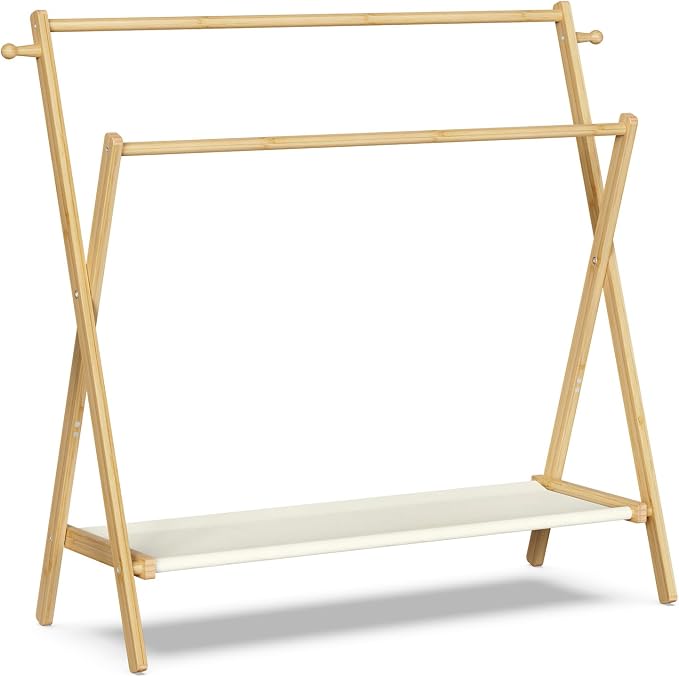 BAMBOOHOMIE Kids Clothing Rack With Storage Shelf & Double Rods, Foldable Dress Up Clothes Rack for Toddler Nursery, Child's Room, 100% Natural Bamboo (Large Size)