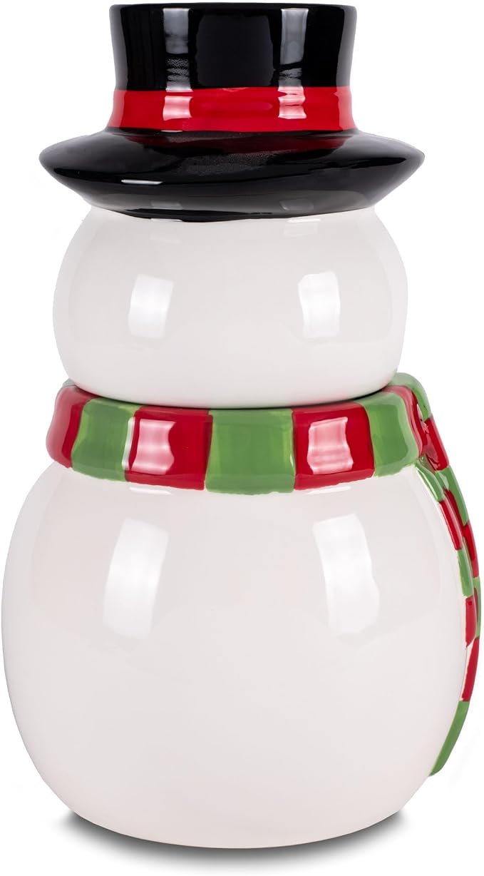 Dolomite Ceramic 11 x 6.5 Christmas Cookie & Candy Jar with Airtight Lid: Perfect for Kitchen Canisters, Pet Treat Containers & Decorative Holiday Storage, Snowman Striped Scarf & Top Hat