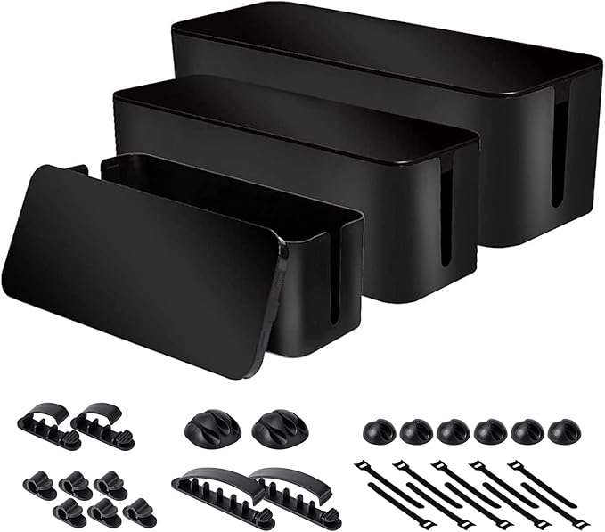 3 Pack Cable Organizer Box, Cable Management Box for Surge Protector | Under Desk Power Cover Cord Holder, TV Computer Wires Cord Organizer, Cable Management Set, for Home/Office(Black)