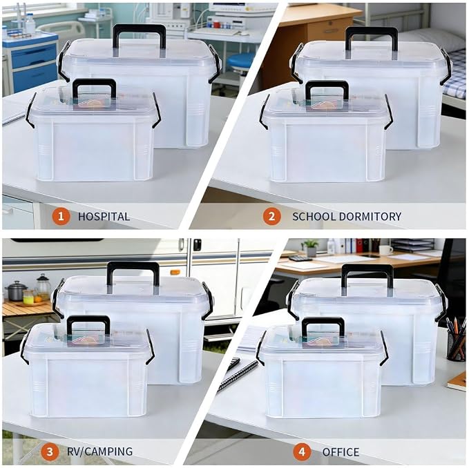 HEY FOLY Set of 2 White Medicine Organizer Storage Box with Tray, 15qt+5qt Plastic First Aid Box Empty, Thickened Medicine Container Chest, Multipurpose Medical Case with Labels, White Medicine Caddy