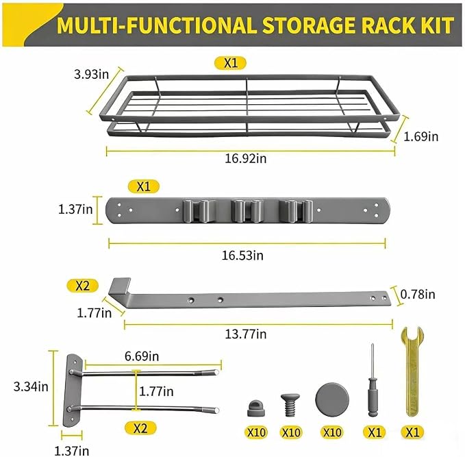 Over Door Tool Organizer, Heavy Duty Utility Rack with 3 Slots, 2 Hooks and 1 Basket, Power Tool & Garden Tool Storage for Garage, Workshop, Warehouse, Fits Brooms and Mops - Grey