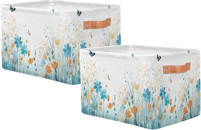 Watercolor Flower Butterfly Rectangular Storage Bin Collapsible Storage Basket Organizer Boxes with Leather Handle Storage Cube for Shelves Toy Laundry Nursery 2 PC