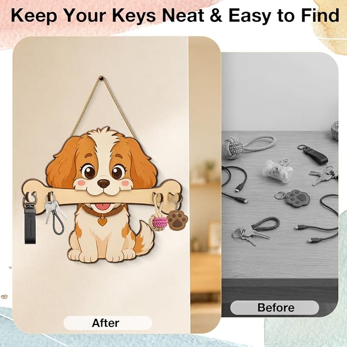Dog Leash Holder for Wall, Cute Dog Leash and Key Organizer, Cute Puppy Wooden Key Holder Wall Mount with 4 Keys Hooks for Collars, Entryway Garage Living Room Kitchen Mudroom