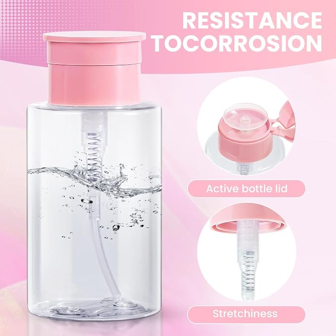 Nail Polish Remover Pump Dispenser, 2 Pack Acetone Safe ABS Bottle with Lockable Flip Cap - 200ml (6.8oz) Empty Push Down Container for Alcohol, Toner & Makeup Remover (Clear Pink, 200ml, 2 Pack)