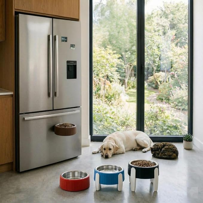Pet Station Elevated Dog Bowl Stand for 6.8 in. Bowls - 3D Printed Dog Feeder - Adjustable Height Legs and Magnetic Fridge Mount Feeding Station - Made in USA (Black, Bowl)