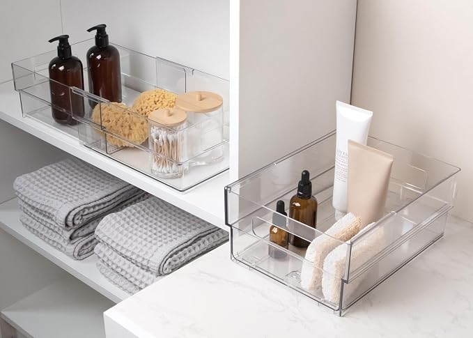 Isaac Jacobs 2-Pack Clear Expandable Storage Bins - Medium | 11"-19" L x 8.5" W x 4.8" H, Plastic Organizer with Cut-Out Handles, Adjustable Length from 11-19" for Home, Kitchen & Office