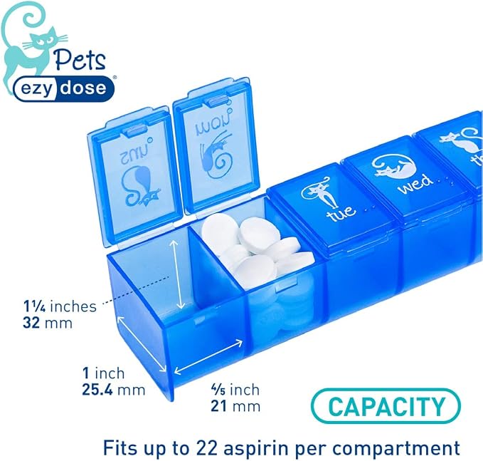 EZY DOSE Pet (7-Day) Pill Case, Medicine Planner, Vitamin Organizer Box for Cats, Convenient and Easy to Use, Large Compartment, Blue Lids, Convenient for Treats, Travel Friendly, BPA Free (Pack of 2)