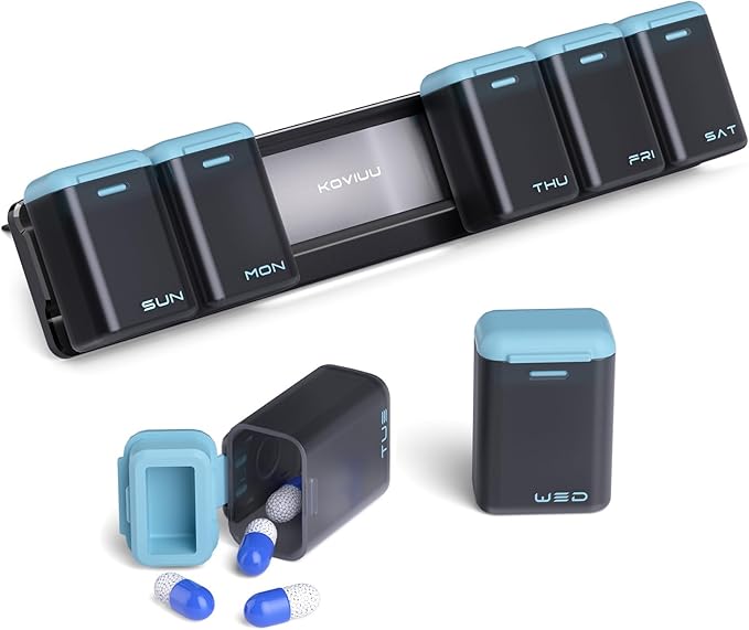 KOVIUU Weekly Pill Organizer, Magnetic Medicine Vitamin Case 1 Time a Day | Week Once Daily Supplement Box, Removable Medication Container Holder for Fridge, 7 Day Large Travel Pill Dispenser, Blue