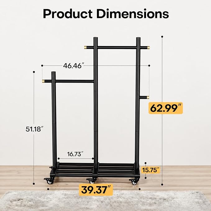 Wooden Clothing Rack, Double Pole Clothes Rack with 4 Hooks & 6 Wheels | Long and Short Clothing Section Design, Load Capacity 360Ib, Garment Rack for Hats, Scarves, Trench Coats, and Shoes