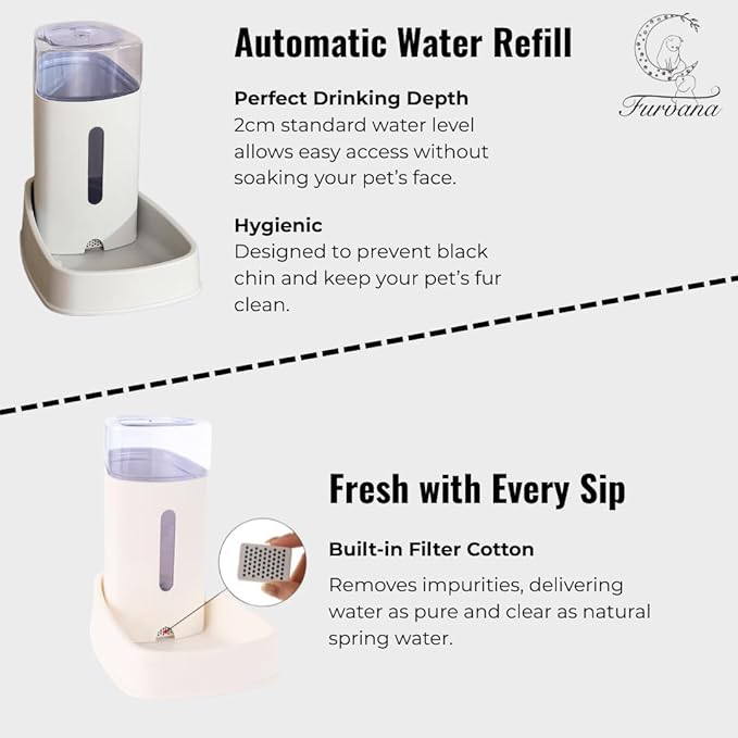 Automatic Food Dispenser and Waterer Set (Pack of 2) with 3.8L Large Capacity, Smart Siphon System for Fresh Hydration, Stable Anti-Tip Design, Off White, Includes a Doggy Photo Frame