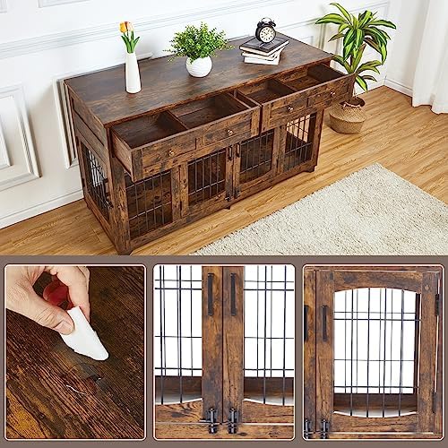 2 Dog Crate Furniture for Large Breeds,Large Dog Kennel Furniture TV Stand,58" Wooden Dog Kennel End Table with Drawers,Double Dog House with Divider
