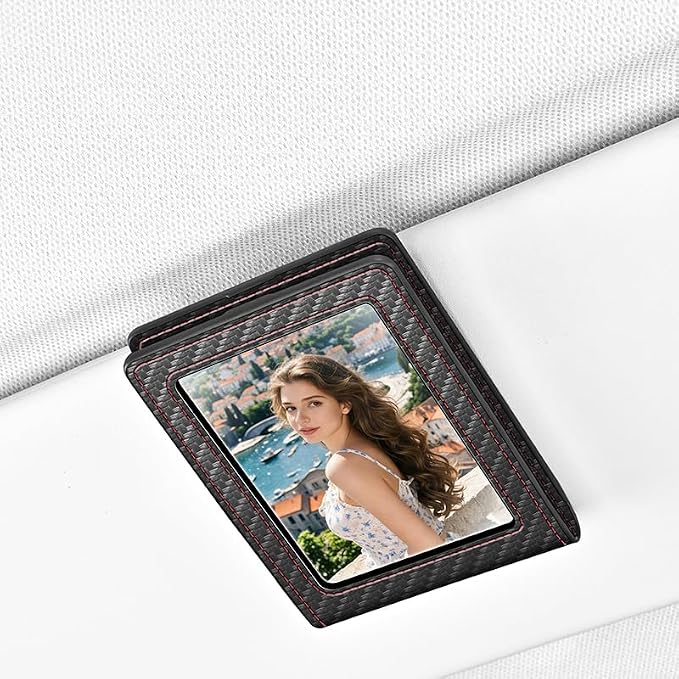 Car Picture Holder Leather Framed Metal Visor Clip 6pc pocket for Family Pet Couples Photo Drive License ID Credit Business Gift Card Auto Trucks Van SUV Visor Organizer Accessories (fiber pattern)