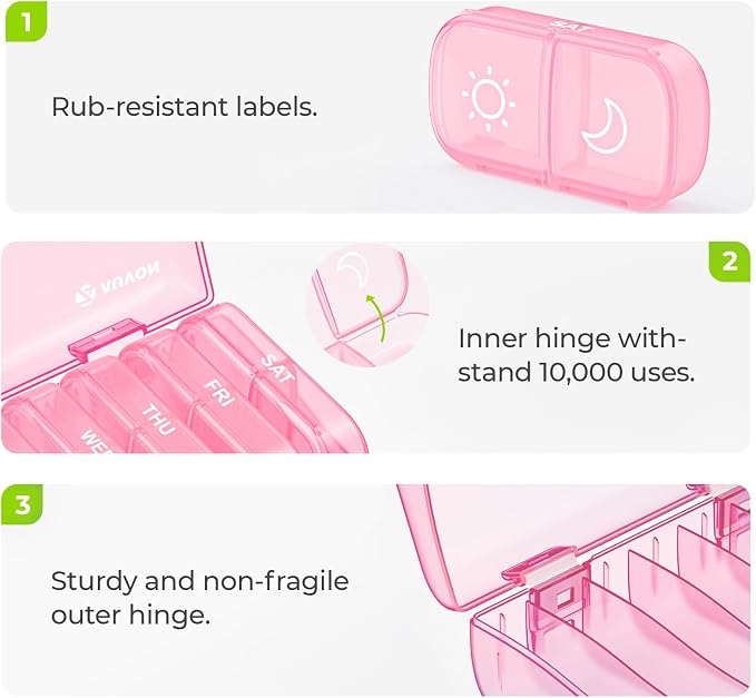 AUVON Weekly Pill Organizer 2 Times a Day, One-Sided Opening, Easy to Use | AM PM Pill Case, XL Pill Box 7 Day, Travel Medication Organizer for Medication, Vitamins, Fish Oils, Supplements, Sakura Pink