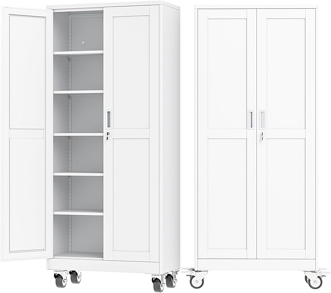 Ckzbx Metal Garage Storage Cabinet with Locking Doors and Adjustable Shelves,75" H Rolling Tool Storaget with Wheels for Garage,Office (White)
