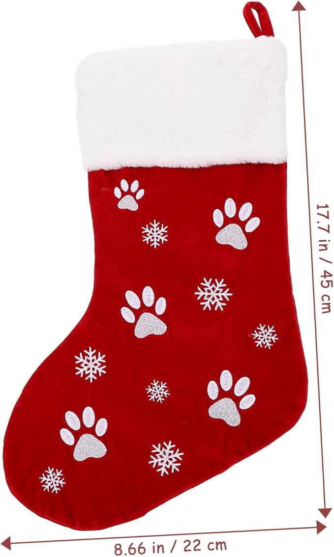 1pc Christmas Stocking Decor Pet Paw Print Embroidered Hanging Sock for Holiday Decorations Adorable Candy Storage for for Boys and Girls Christmas