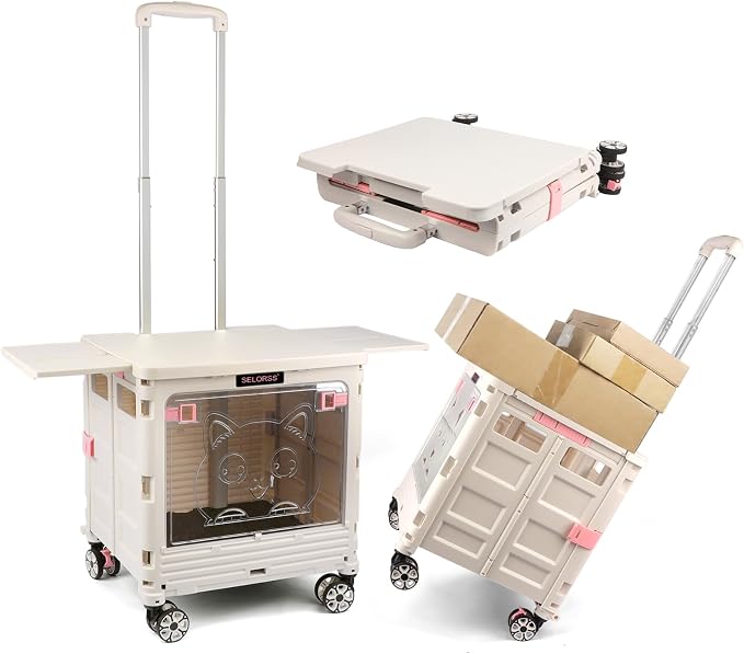 FELICON SELORSS Folding Utility Cart Portable Rolling Crate Handcart-Gray | Magnetic Sliding Lid+Lockable Transparent Front Panel,Telescoping Handle,4 Swivel Wheels Tote for Travel Shop Office Teacher
