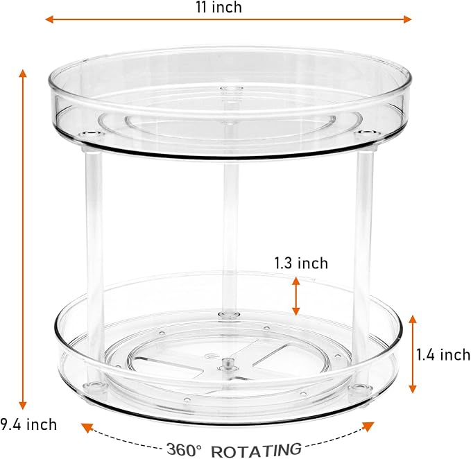 Amolliar 2 Tier 11" Lazy Susan, Rotating Turntable Organizer for Cabinet, Kitchen, Fridge, Countertop, Bathroom, Pantry Organizer Storage, Spice Spinner Rack for Condiment, Snack, Under Sink Organizer